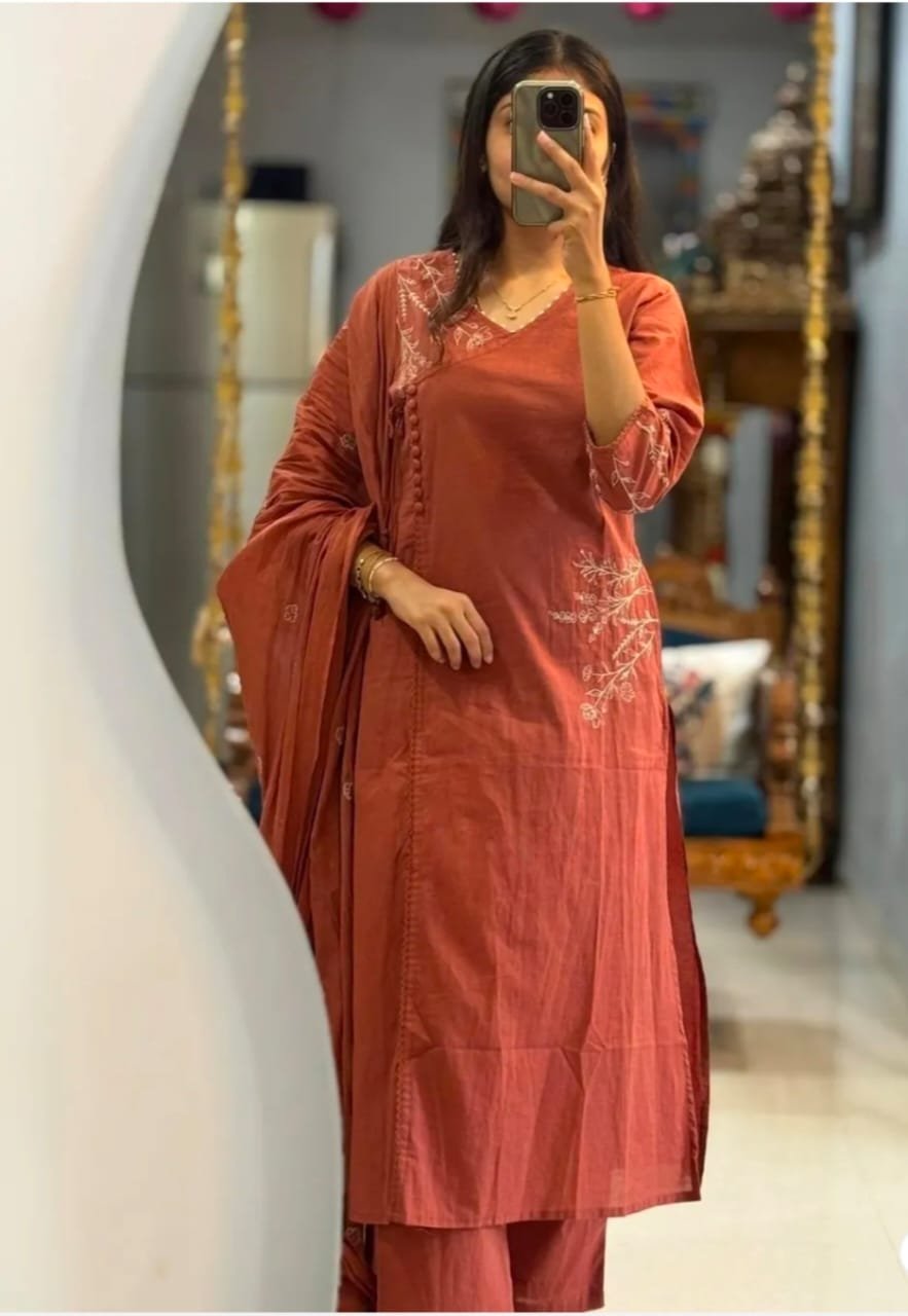 Orange Cotton A-Line Kurti Pant Dupatta Set